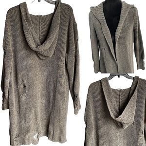 Distressed Hooded Knit Sweater - Taupe